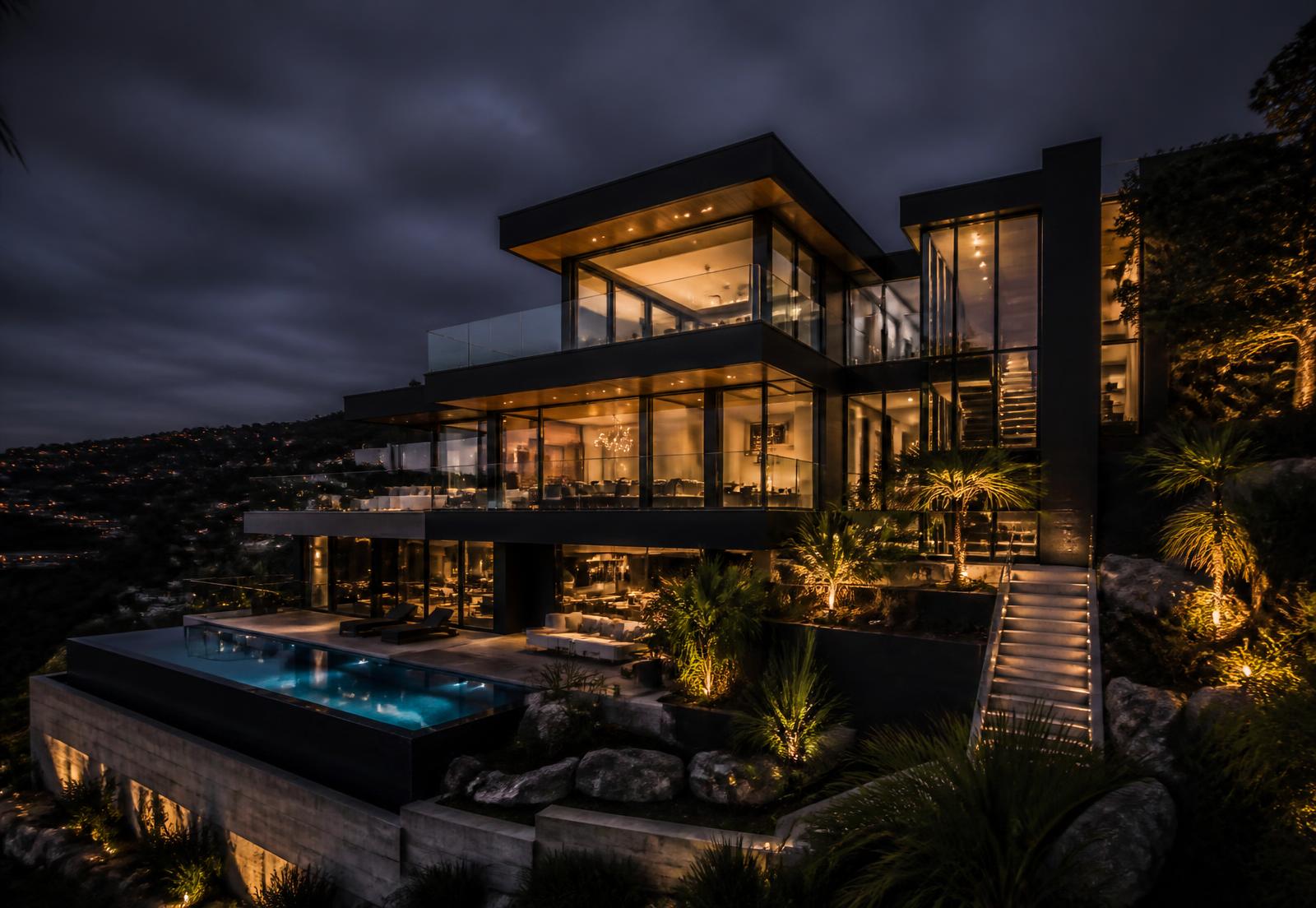 Modern luxury hillside estate lit at dusk
